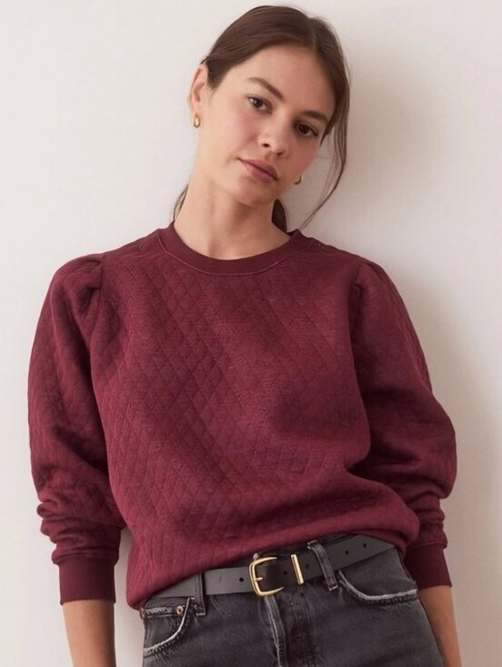 Marine Layer Tops - Marine Layer Women's Corbet Quilted Puff Sleeve Crewneck in Merlot Size Medium.